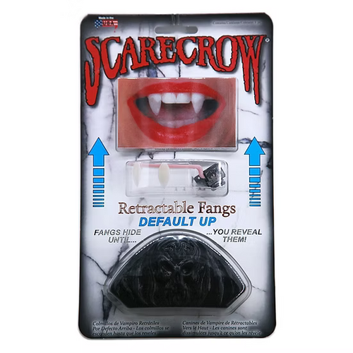 Packaged Scarecrow brand retractable vampire fangs on a white and gray card backing. The package shows a red lips-and-teeth demonstration window, blue arrows, and a black fang reservoir at the bottom.