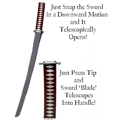 Telescopic sword with red handle and silver blade on a white background
