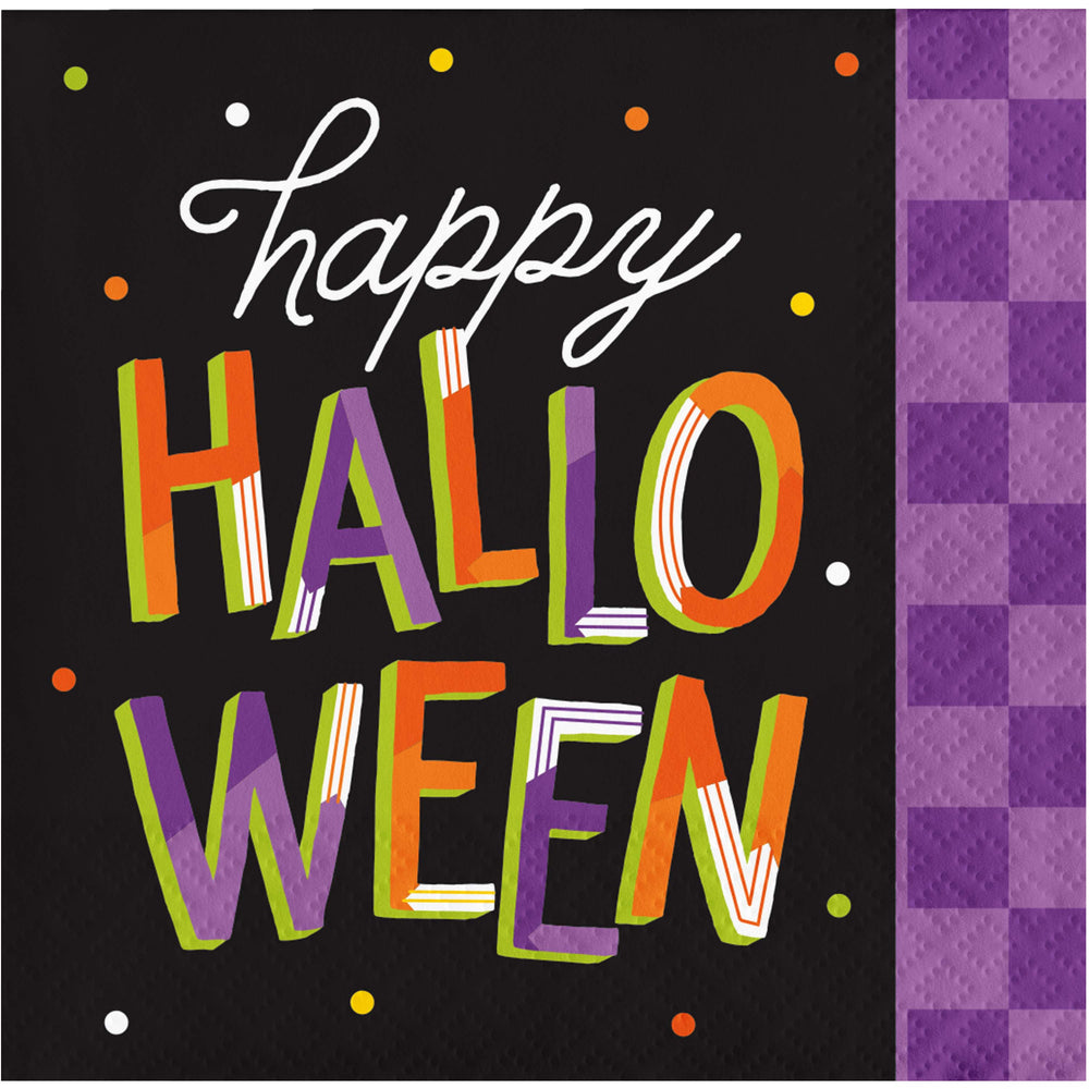 Colorful 'Happy Halloween' text on a black background with a purple checkered border.