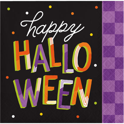 Colorful 'Happy Halloween' text on a black background with a purple checkered border.