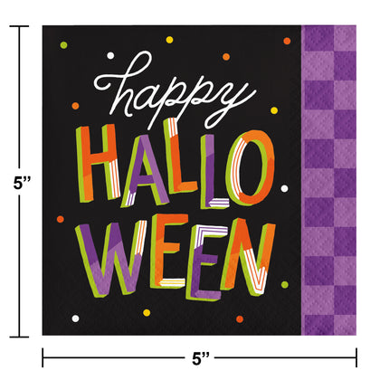 Colorful 'Happy Halloween' text on a black background with purple checkered border and measurements.