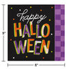 Colorful 'Happy Halloween' text on a black background with purple checkered border and measurements.