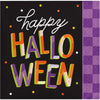 Colorful 'Happy Halloween' text on a black background with a purple checkered border.