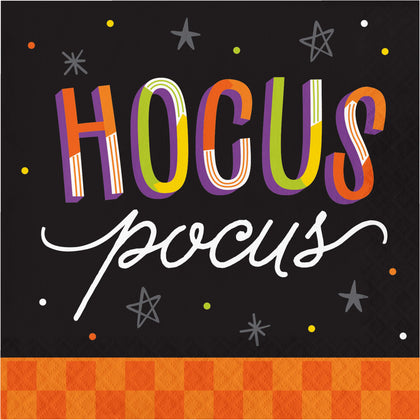 Colorful 'HOCUS POCUS' text on a black background with stars and dots, featuring an orange checkered border.