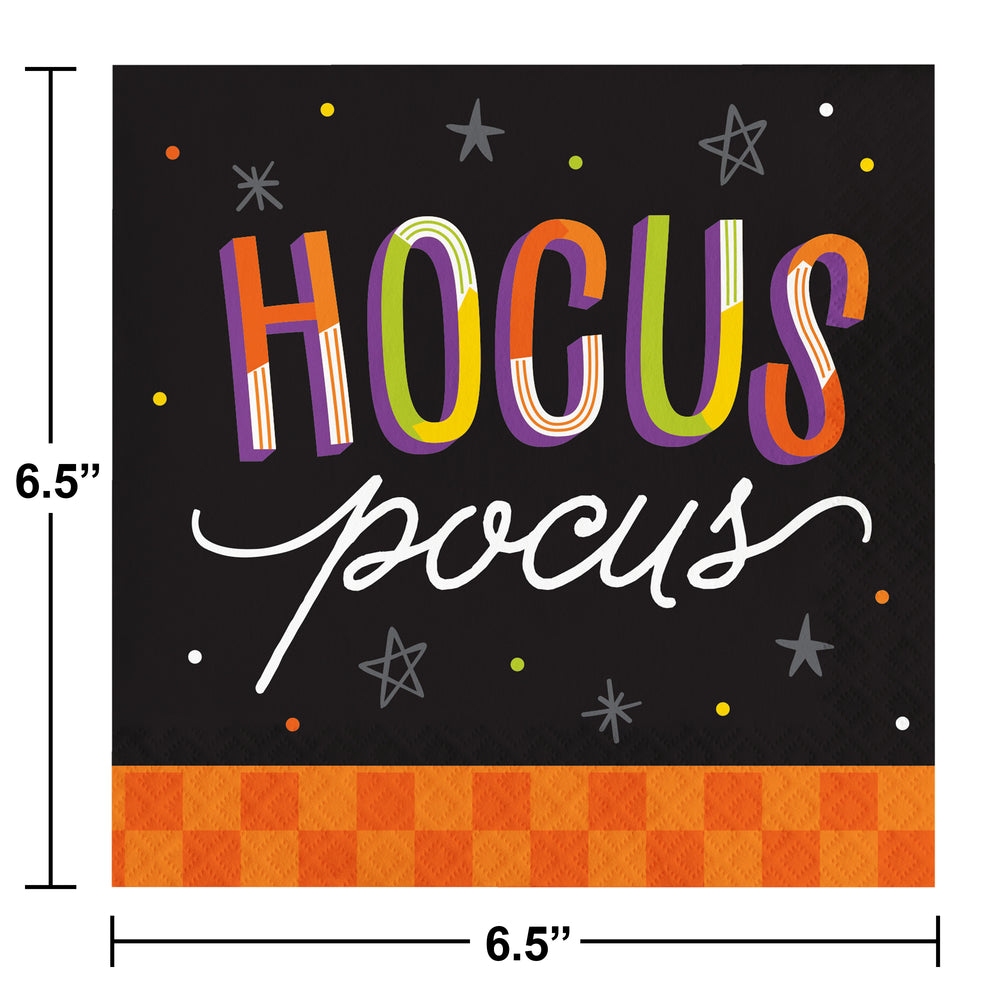 Hocus Pocus sign with colorful text on a black background with star and dot decorations, dimensions indicated.