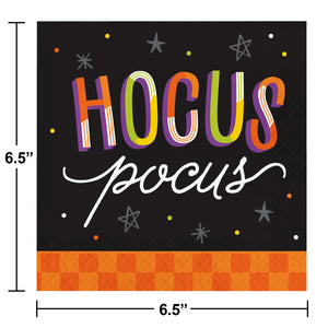 Hocus Pocus sign with colorful text on a black background with star and dot decorations, dimensions indicated.