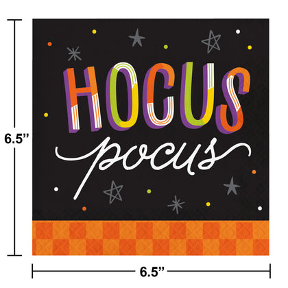 Hocus Pocus sign with colorful text on a black background with star and dot decorations, dimensions indicated.