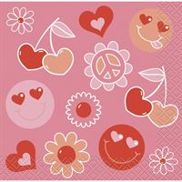 Pink paper napkin with heart, cherry, and flower designs on a pink background