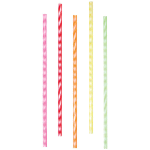 Five twisted paper straws in pink, red, orange, pale yellow, and light green, arranged vertically on a plain white background.