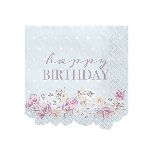 Napkin with 'happy birthday' text and floral design on a light blue background