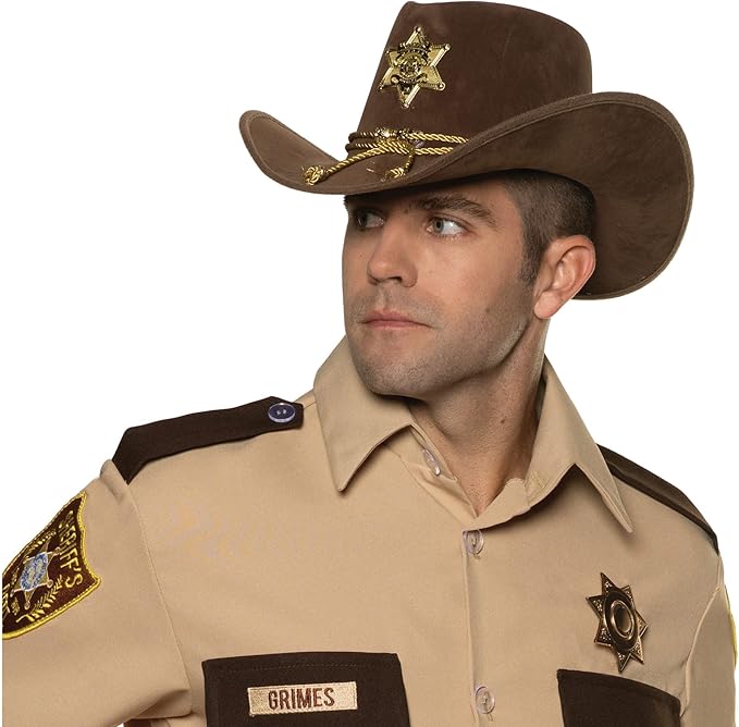 Man wearing a sheriff costume with a brown hat and beige uniform on a white background