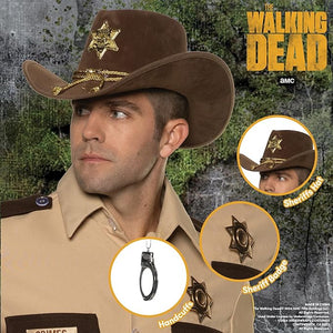 Person wearing a sheriff's hat and uniform with 'The Walking Dead' branding.