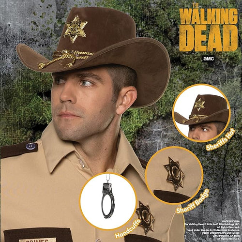 Person wearing a sheriff's hat and uniform with 'The Walking Dead' branding.