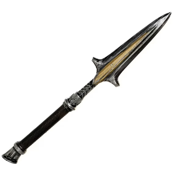 Decorative spear with a black and silver handle on a white background