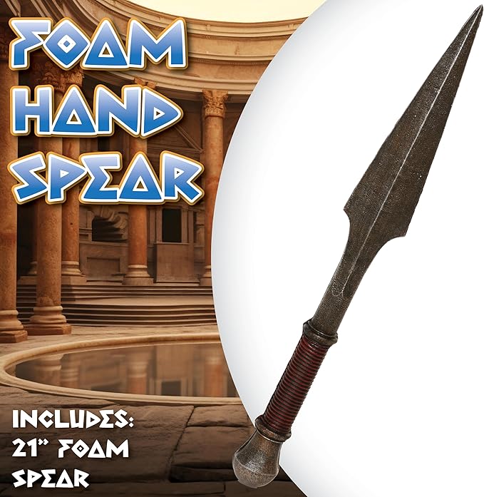 Foam spear with decorative handle against a classical architecture background