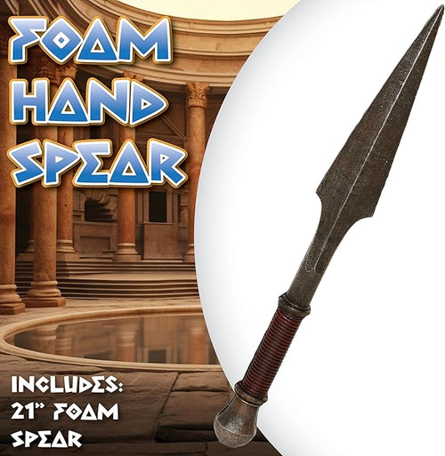 Foam spear with decorative handle against a classical architecture background