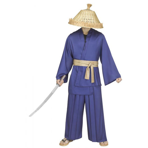 A person wearing a blue samurai-style costume with a beige sash, straw hat, and sandals, holding a sword against a plain white background.