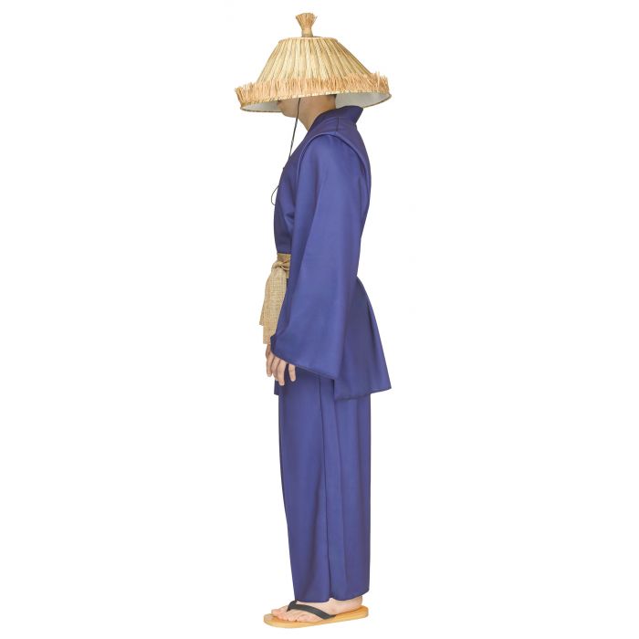 A person shown in side profile wearing a blue kimono-style costume with a straw hat and wooden sandals against a plain white background.