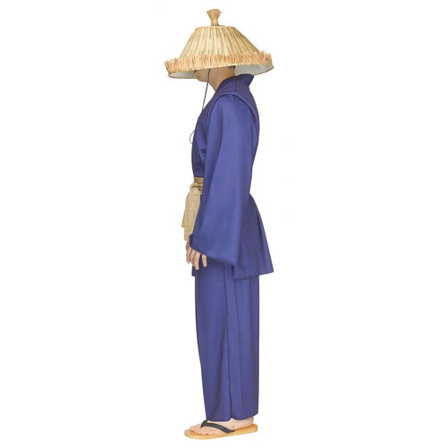 A person shown in side profile wearing a blue kimono-style costume with a straw hat and wooden sandals against a plain white background.