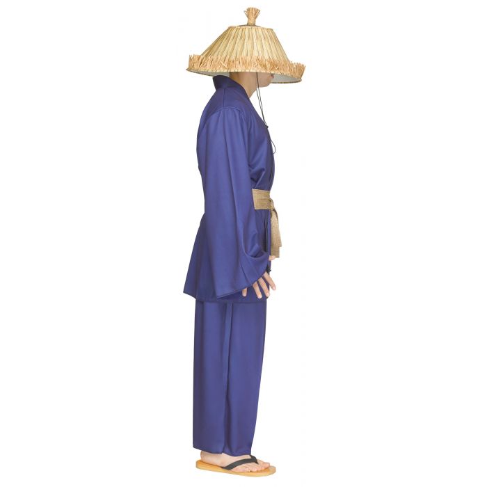 A person shown in profile wearing a blue kimono-style costume with a beige sash, a straw hat, and sandals against a plain white background.
