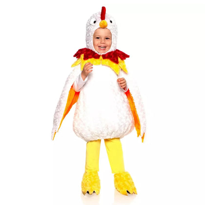 Child wearing a chicken costume on a white background