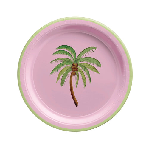 Pink paper plate with a green palm tree design on a white background