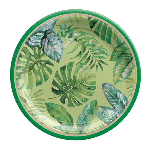 Paper plate with tropical leaf pattern on a white background
