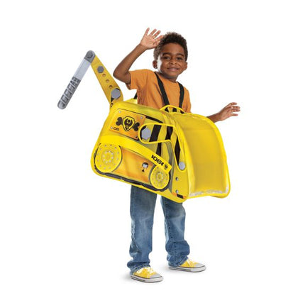 Child wearing a yellow construction worker costume with tools on a white background