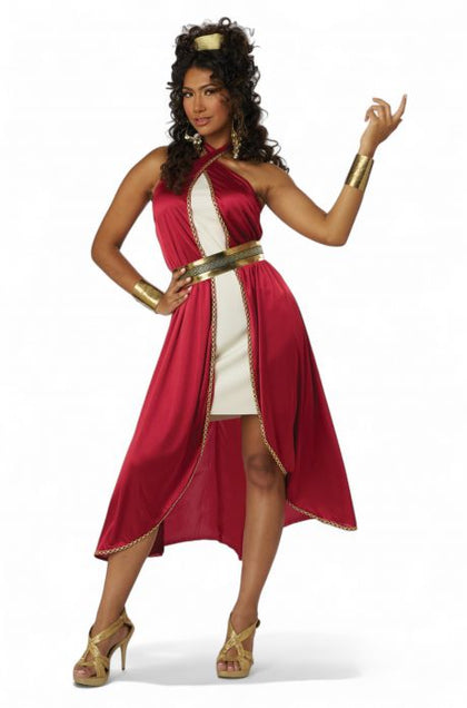 Woman in a red and white costume with gold accents on a white background