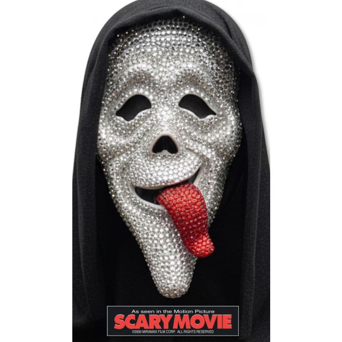 Mask with rhinestone face and red tongue, inspired by 'Scary Movie', on a black background.
