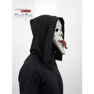 A person wearing a Ghost Face hooded mask costume, featuring a black hoodie and a silver rhinestone mask with a red tongue, shown against a light gray background with the Ghost Face Live! logo in the top left.