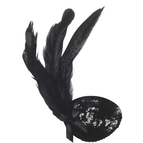 Black feathered hair clip with sequin detail on a white background