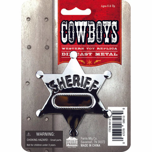 Metal sheriff's star badge on a packaging with 'Cowboys' branding.