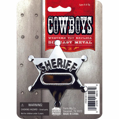 Metal sheriff's star badge on a packaging with 'Cowboys' branding.