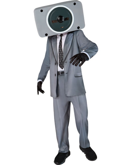 Person wearing a gray suit with a speaker for a head on a white background