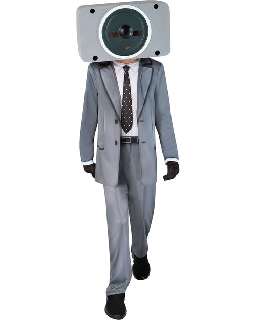 Person wearing a gray suit with a speaker for a head on a white background