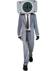 Person wearing a gray suit with a speaker for a head on a white background