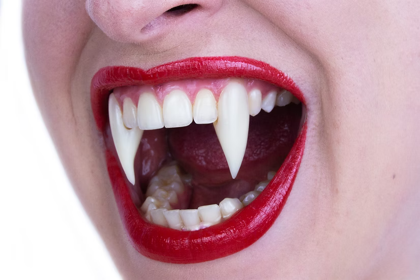 Close-up of a person's mouth wearing a vampire fang tooth set, with bright red lipstick and white pointed fake teeth visible against a plain white background.