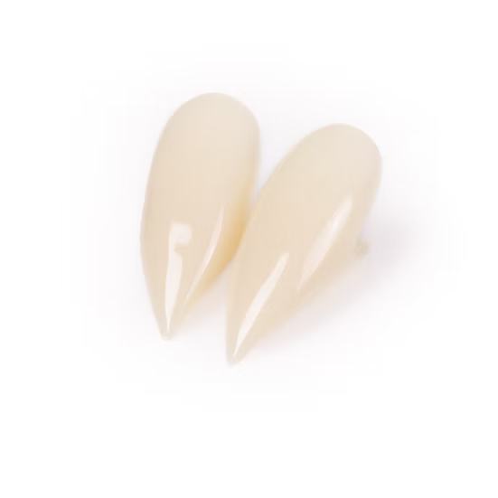A pair of glossy, nude beige stiletto press-on nails on a clean white background.