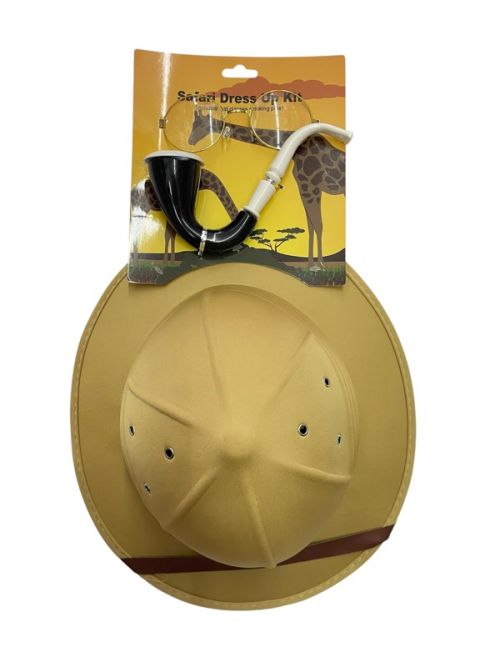 Beige safari hat with packaging featuring a giraffe on a white background