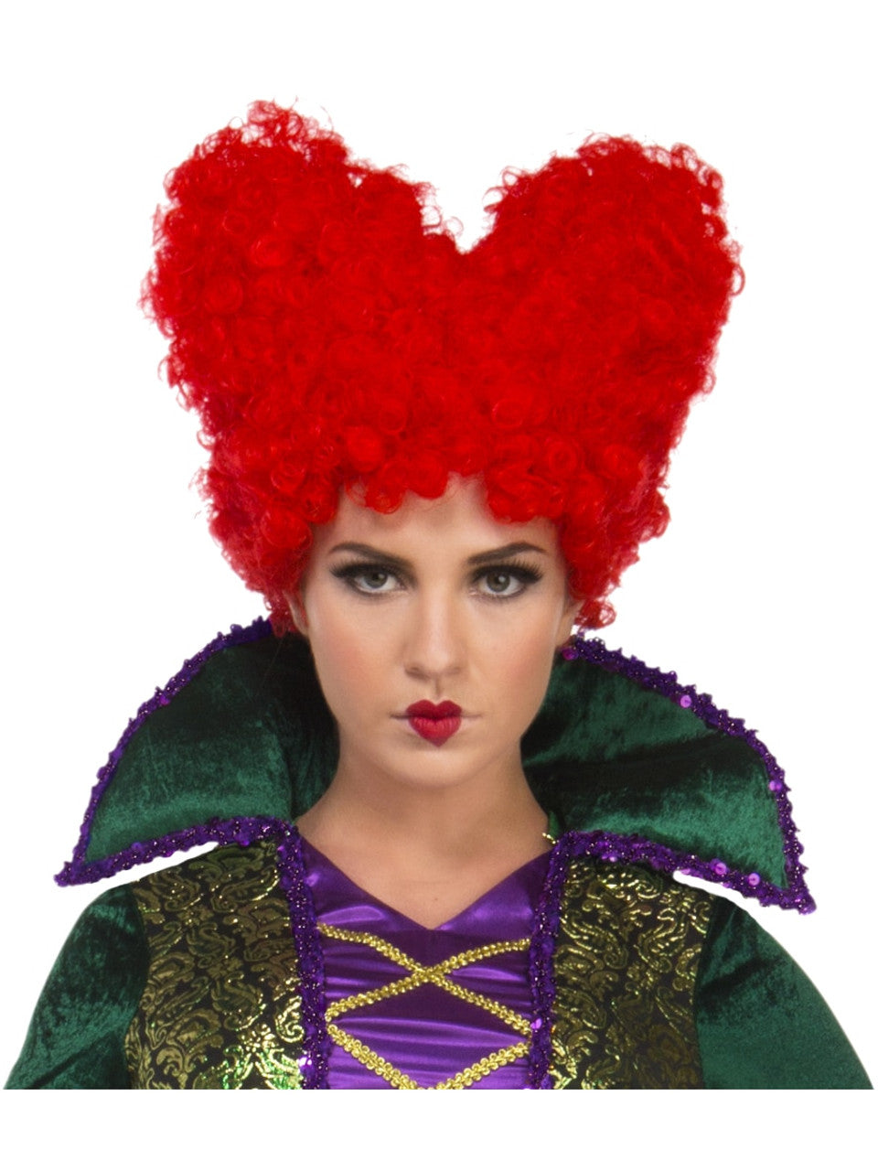 Person wearing a red heart-shaped wig with a green and purple costume on a white background