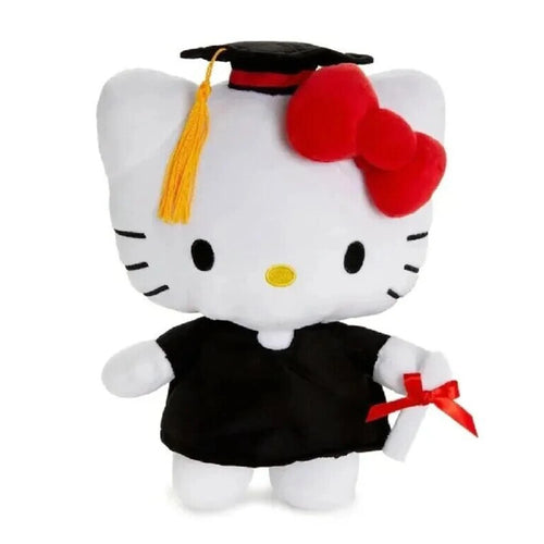 Graduation-themed Hello Kitty plush toy with a cap and tassel on a white background