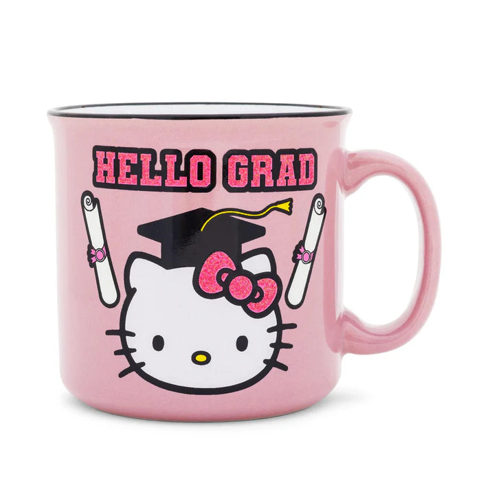 Pink mug with Hello Kitty design and 'Hello Grad' text on a white background