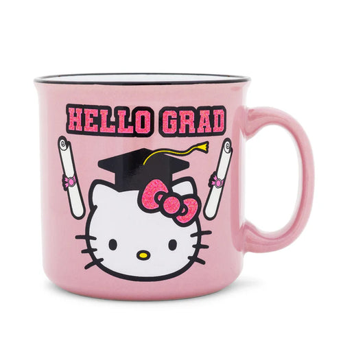 Pink mug with Hello Kitty design and 'Hello Grad' text on a white background