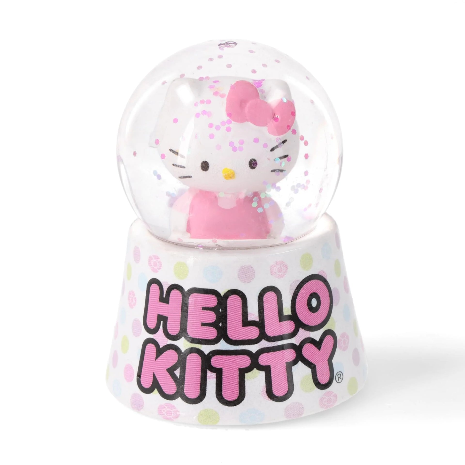 Hello Kitty snow globe with a white base and colorful polka dots.