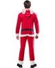 Person wearing a red and white costume with a hood on a white background