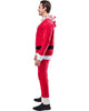 Person wearing a red tracksuit with white trim on a white background