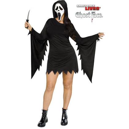 Person wearing a Ghostface Halloween costume with a white mask and black outfit on a white background.