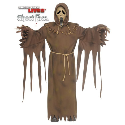 A Ghostface Halloween costume from GHOSTFACE LIVES Ghost Face, featuring a brown hooded robe with tattered sleeves and hem, a beige rope belt, and a beige mask with a black eye and open mouth, shown against a white background.