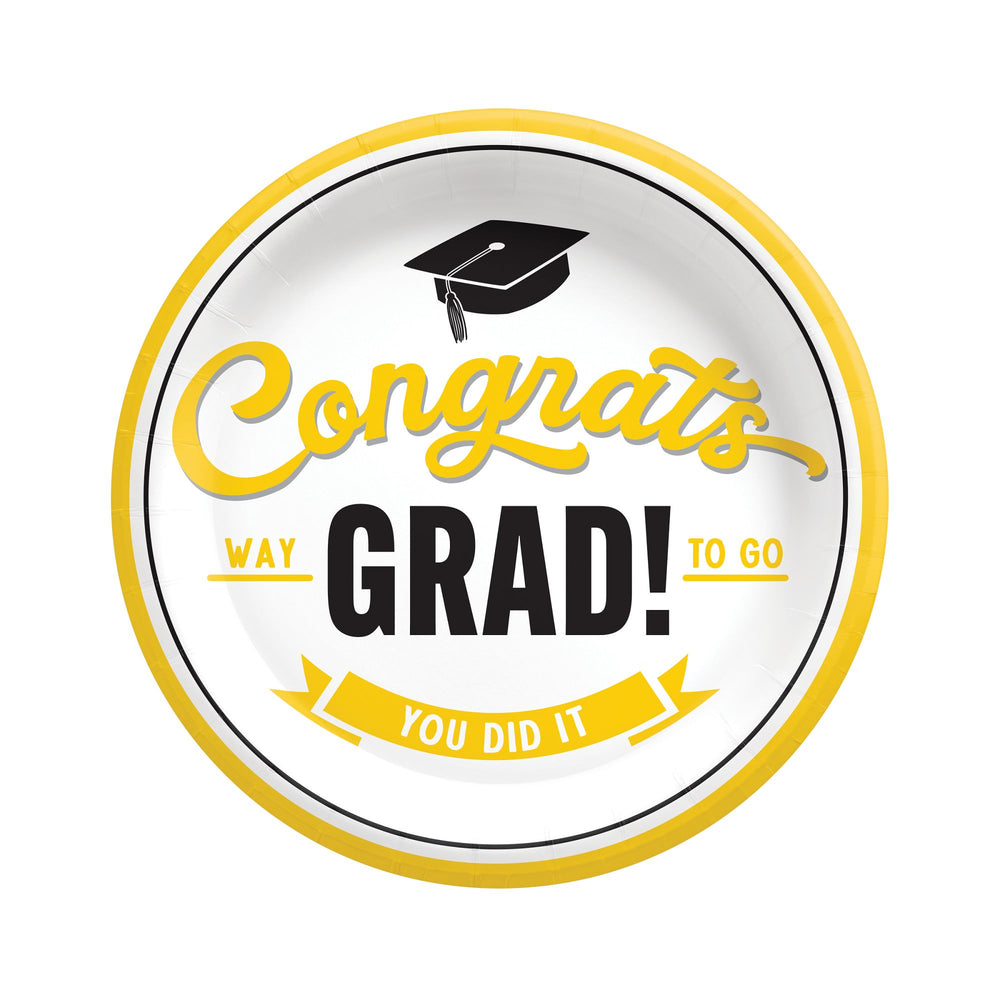 Graduation-themed paper plate with 'Congrats Grad!' text and a yellow border.